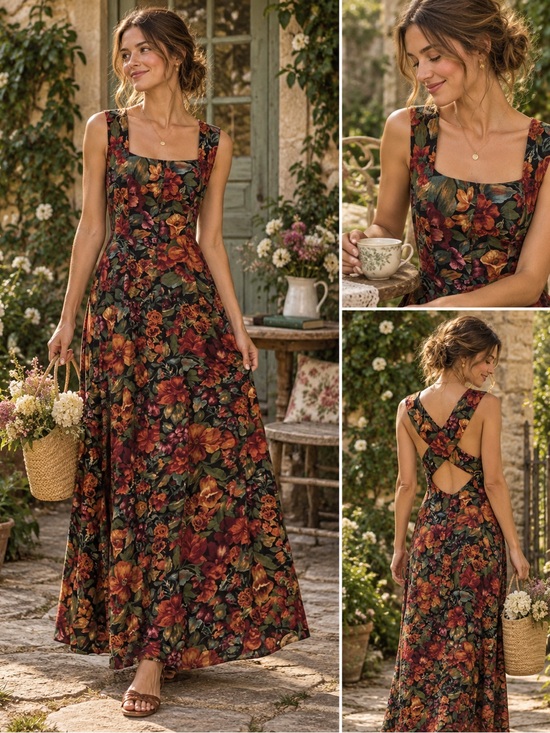 All that Jazz Dresses & Skirts - Vintage Autumn Floral Square-Neck Maxi Dress in Red, Orange, Green